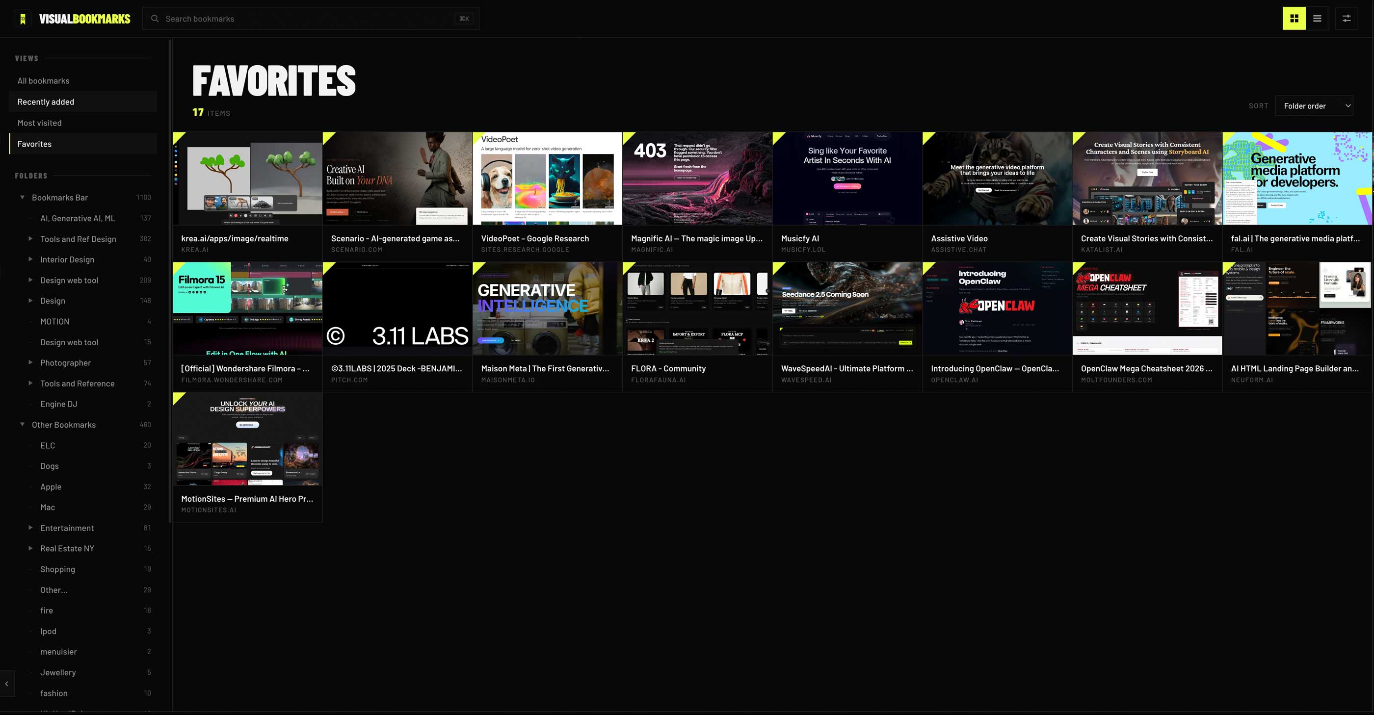 Visual Bookmarks grid view of a Favorites folder with image cards