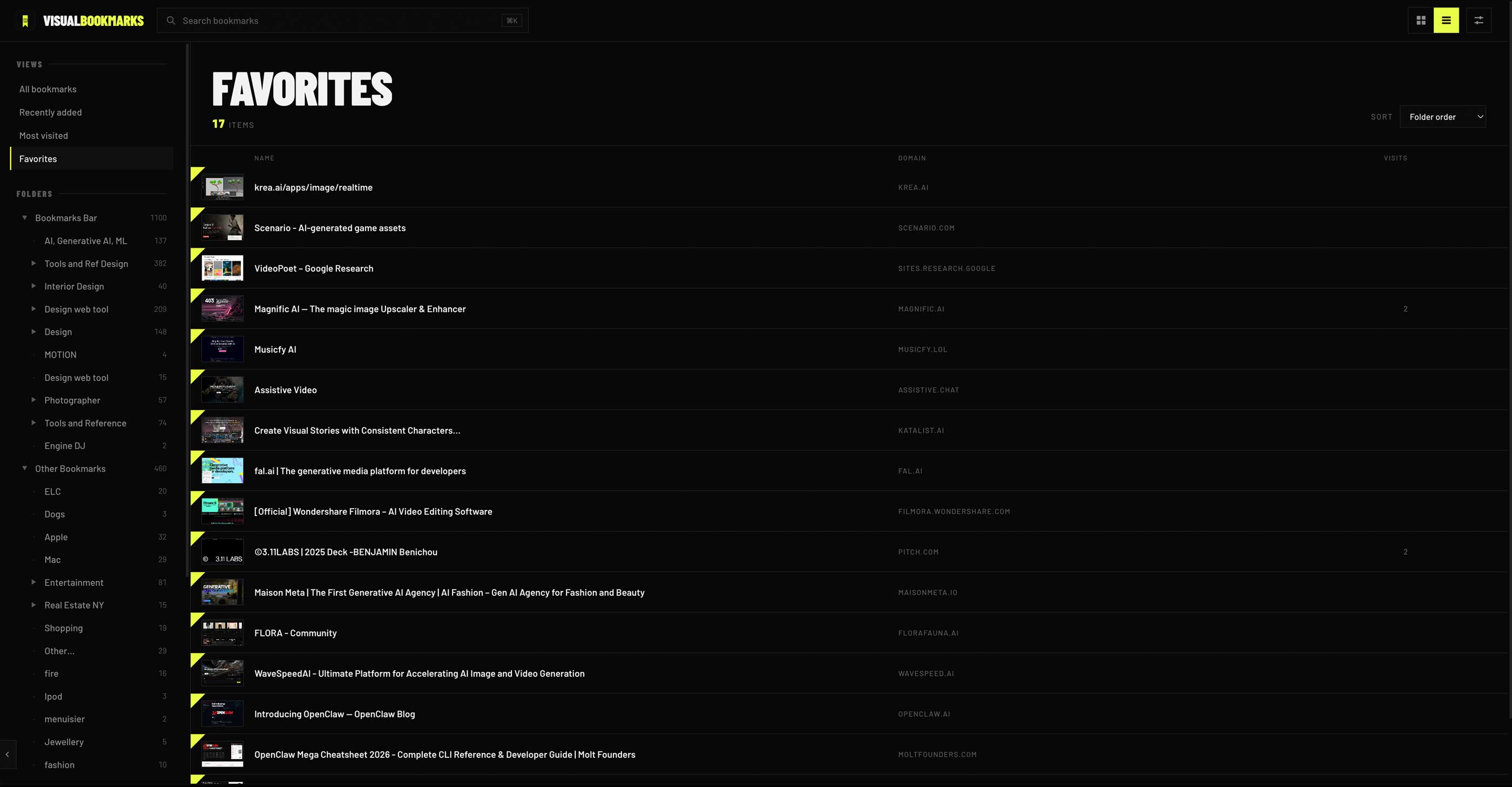 Visual Bookmarks list view with thumbnails, domains, and visit counts